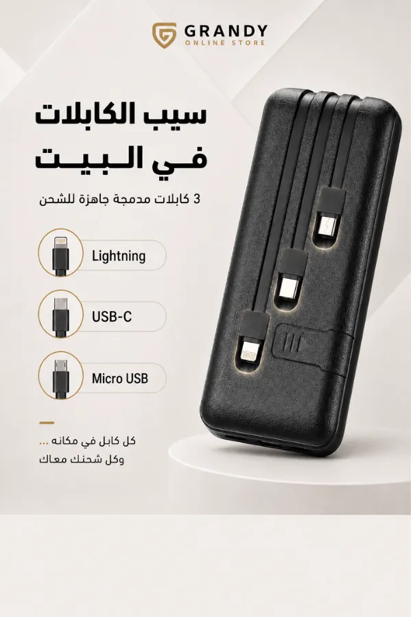 DREAM power bank الذكي بـ 3 كابلات مدمجة ومسند هاتف